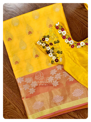 Mango Yellow Silk Saree with yellow thread work blouse