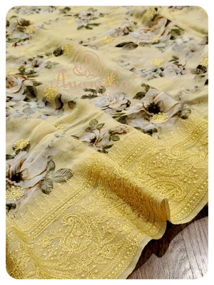 Yellow Floral Georgette with chikankari border