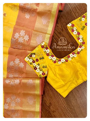 Mango Yellow Silk Saree with yellow thread work blouse
