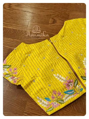 Yellow short sleeves cutdana work and multi color thread work