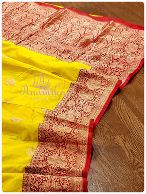 Yellow Banarasi Silk saree with Red Border