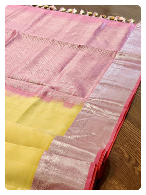 Pastel Yellow Pink kanchi silk saree with pink hand work blouse