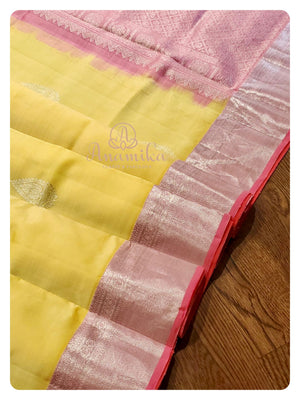 Pastel Yellow Pink kanchi silk saree with pink hand work blouse