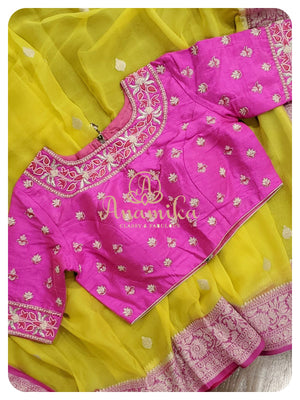 Yellow chiffon banarasi saree with pink border