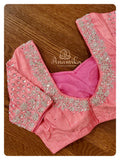 Pastel Yellow Pink kanchi silk saree with pink hand work blouse