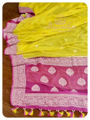 Yellow chiffon banarasi saree with pink border