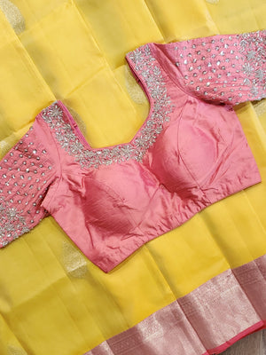 Pastel Yellow Pink kanchi silk saree with pink hand work blouse