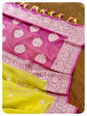 Yellow chiffon banarasi saree with pink border