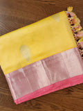 Pastel Yellow Pink kanchi silk saree with pink hand work blouse